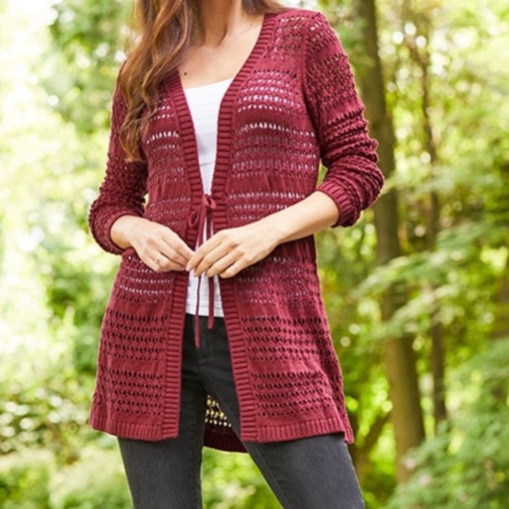 Matilda Jane Open Knit Tie-Front Cardigan in Deep Berry